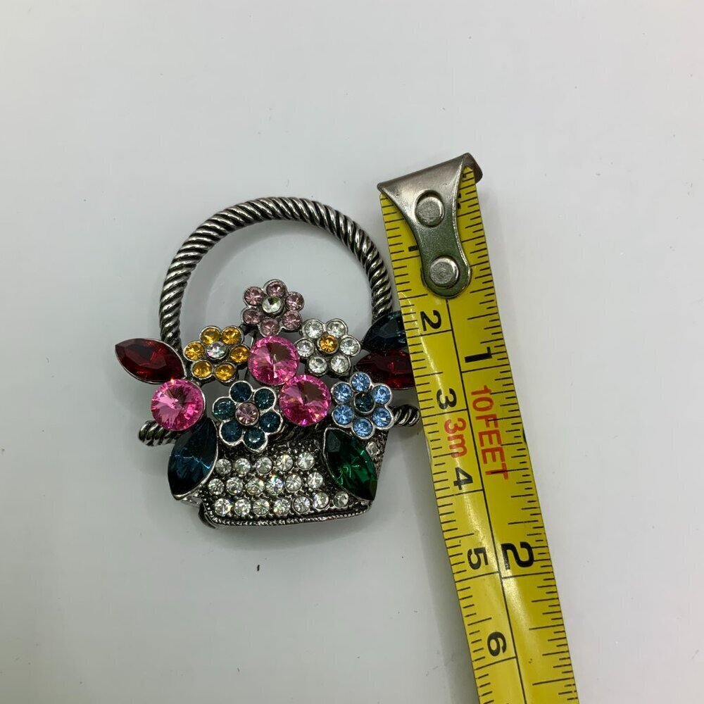 Floral Flowers Basket Multi Colored Rhinestone Silver Tone Brooch Pin - Picture 8 of 8